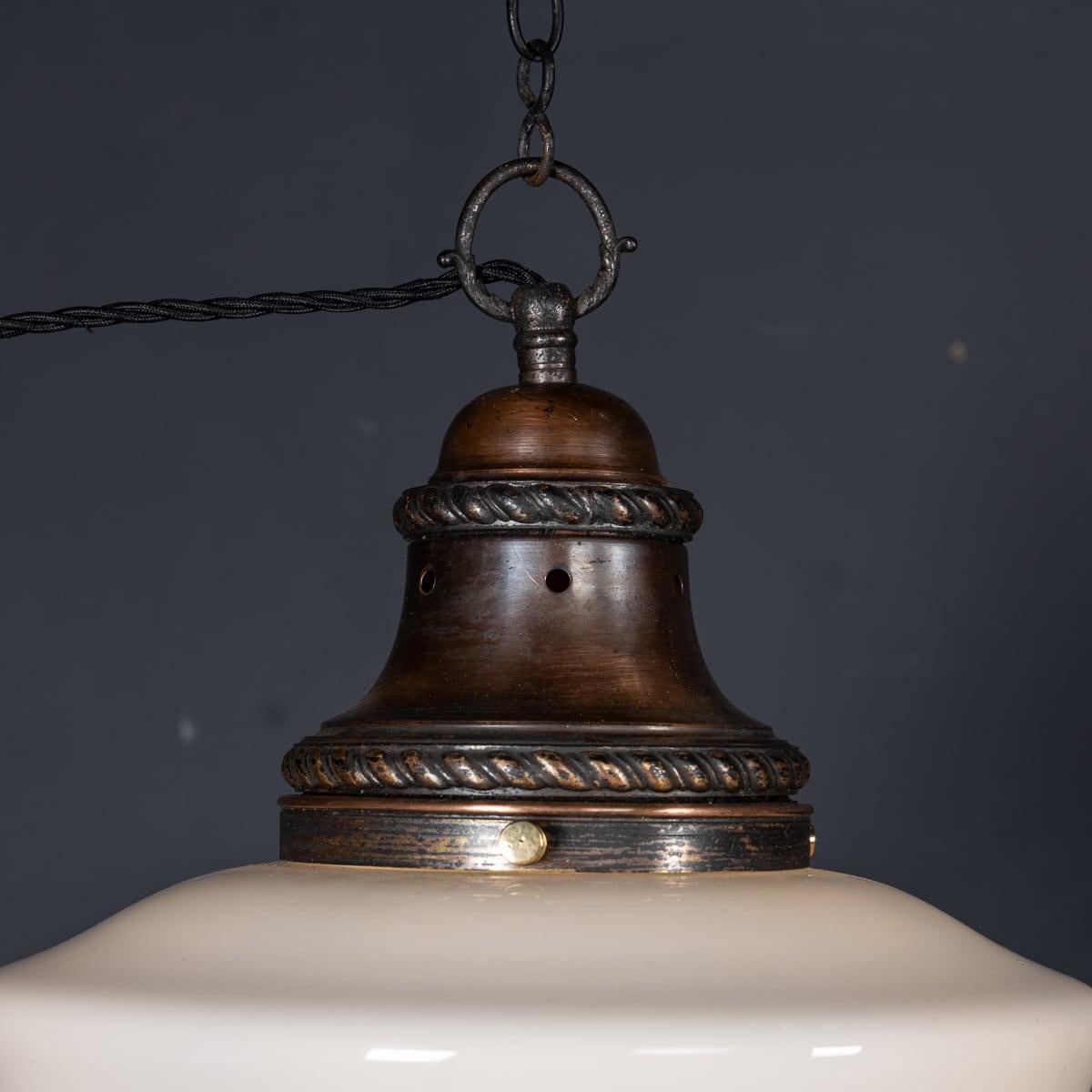 Vintage 20th Century English White Opaque Glass & Copper Pendant Light c.1930 For Sale 1