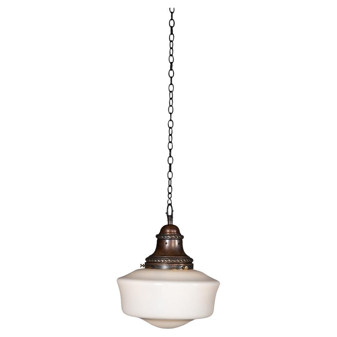 Vintage 20th Century English White Opaque Glass & Copper Pendant Light c.1930 For Sale