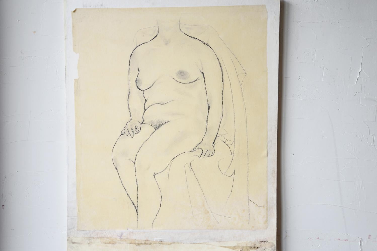 Japonisme Vintage 20th century Japanese Nude Charcoal Nihonga Drawing by Eiki Tsukioka For Sale