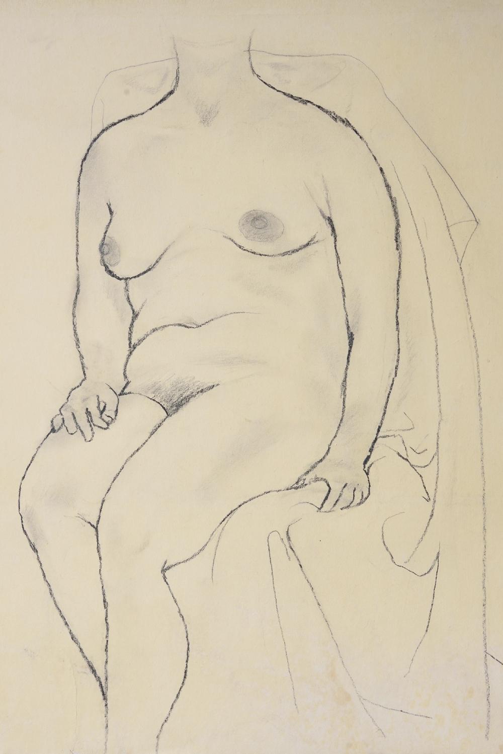 Hand-Painted Vintage 20th century Japanese Nude Charcoal Nihonga Drawing by Eiki Tsukioka For Sale