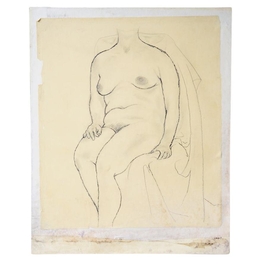 Vintage 20th century Japanese Nude Charcoal Nihonga Drawing by Eiki Tsukioka For Sale