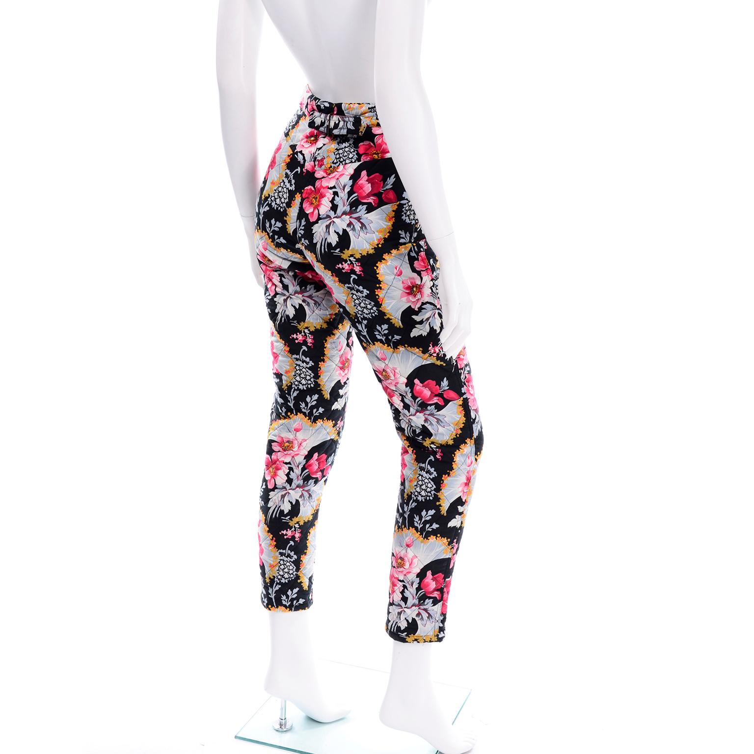 Gray Vintage 20th Century Kenzo Jeans Colorful Floral Quilted High Waisted Pants For Sale