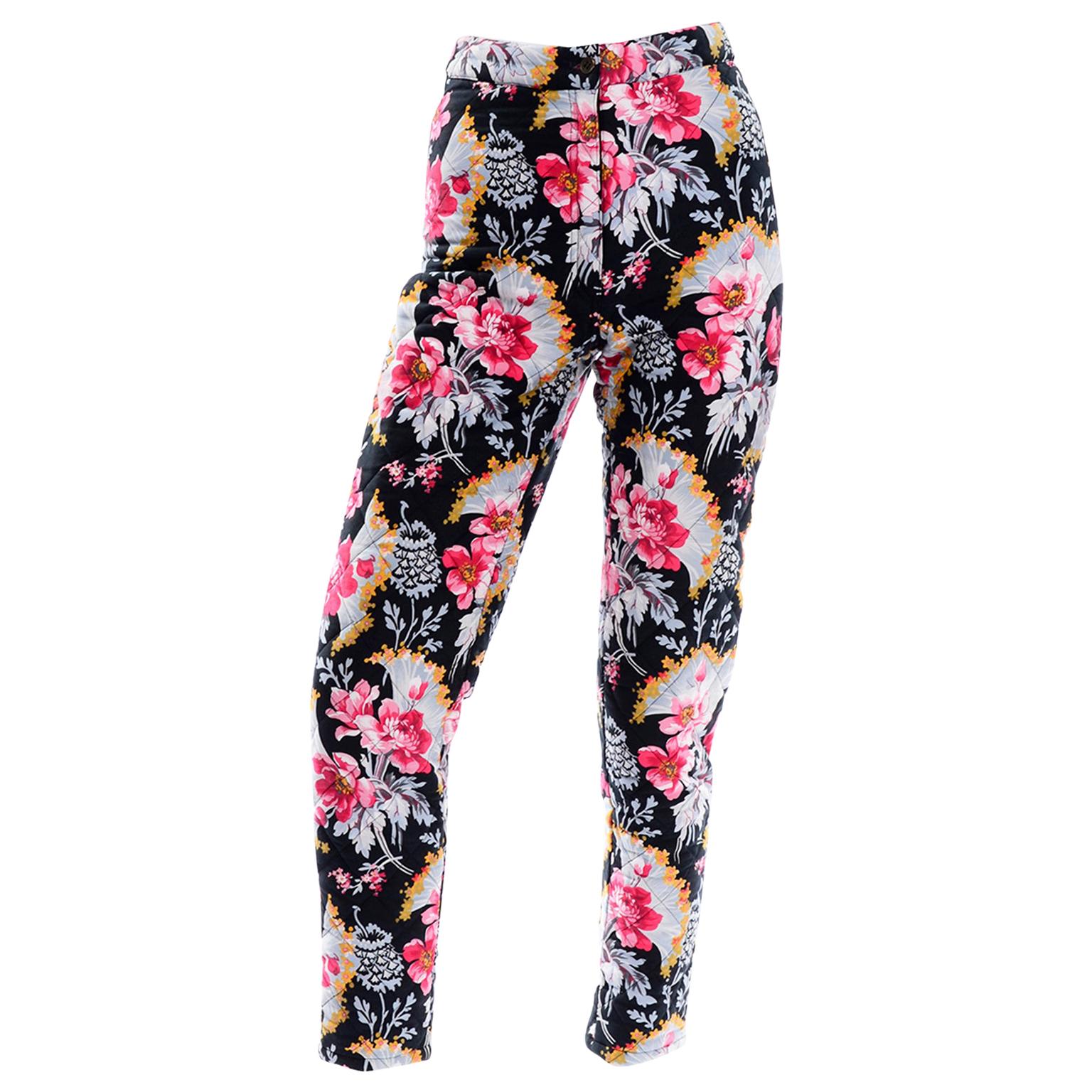 Pantalon taille haute vintage Kenzo Jeans imprimé matelassé floral coloré, XXe siècle