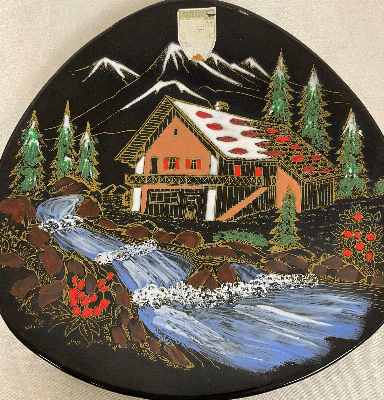 Vintage 20. Jahrhundert Longwy Emaille Teller - Hand-gemalt Berg-Szene - 2Y504 im Zustand „Gut“ im Angebot in Bordeaux, FR