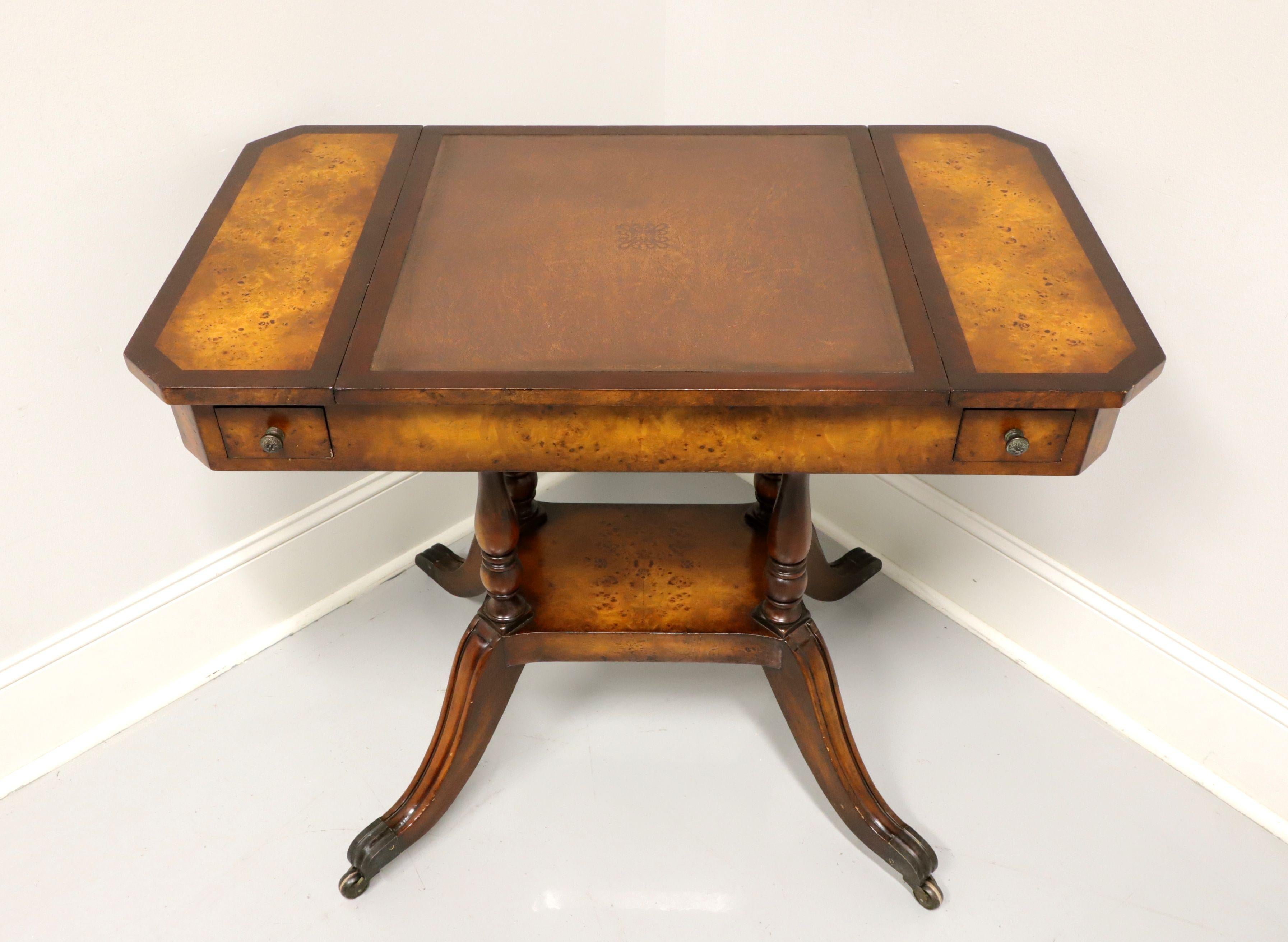 A Regency style game table, unbranded, similar quality to Maitland Smith. Mahogany, birdseye maple, tooled leather top, brass hardware, birdcage pedestal with four brass capped legs and brass casters. Features slide out reversible top with one side