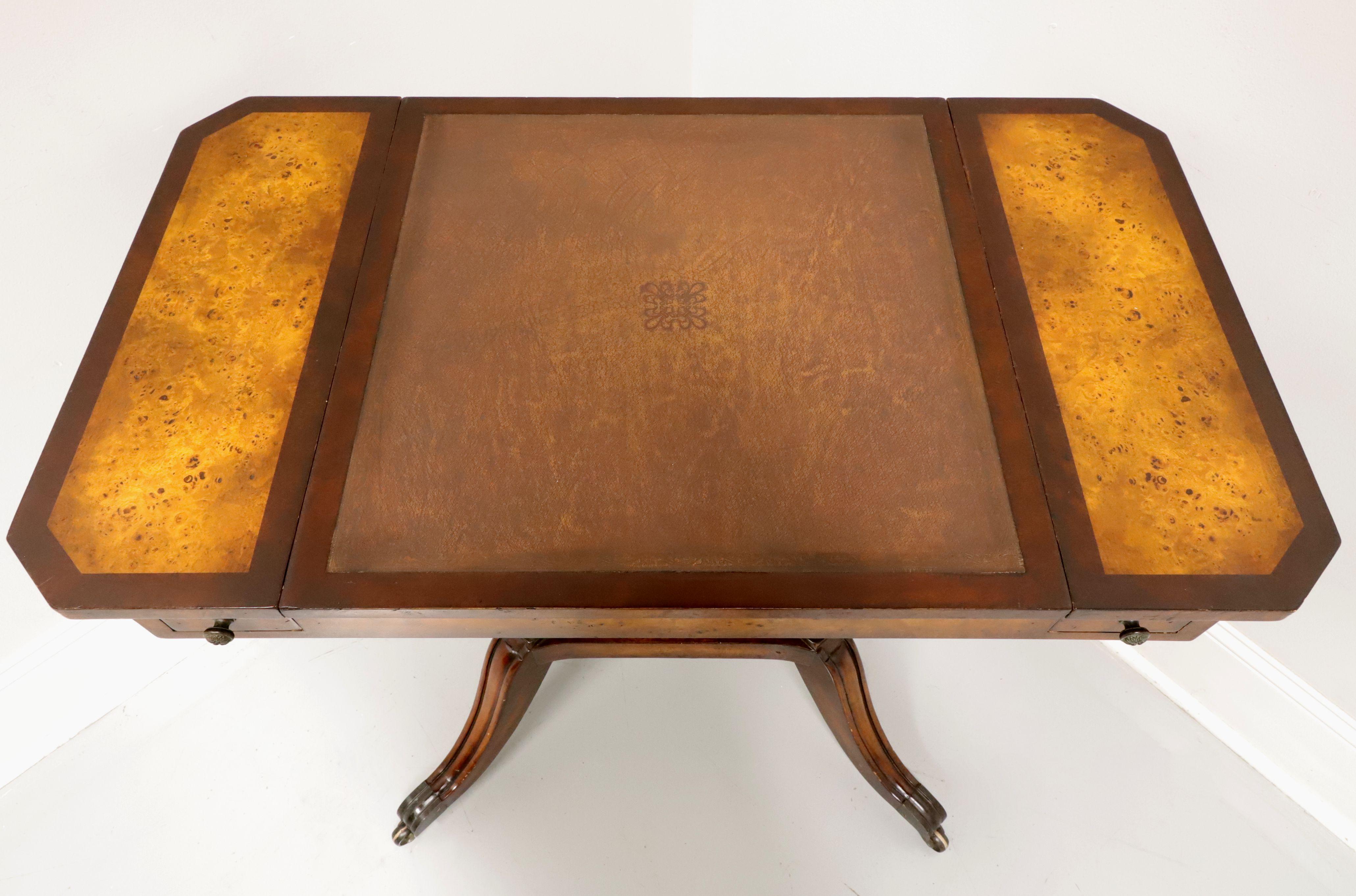 Brass Late 20th Century Mahogany, Birdseye Maple & Tooled Leather Game Table
