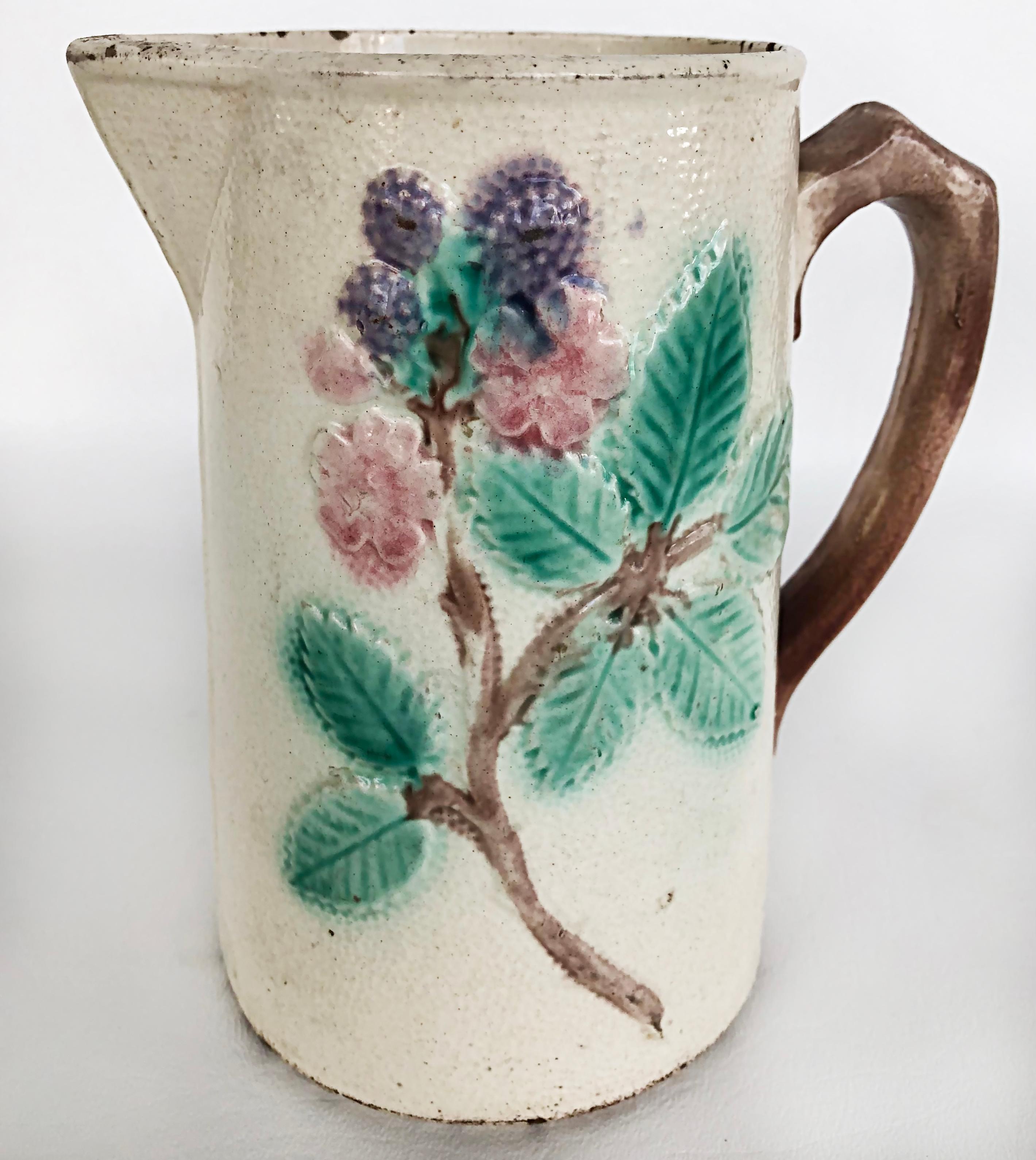 Glazed Vintage 20th Century Majolica Pitcher with Floral Leaf Designs and Berries For Sale