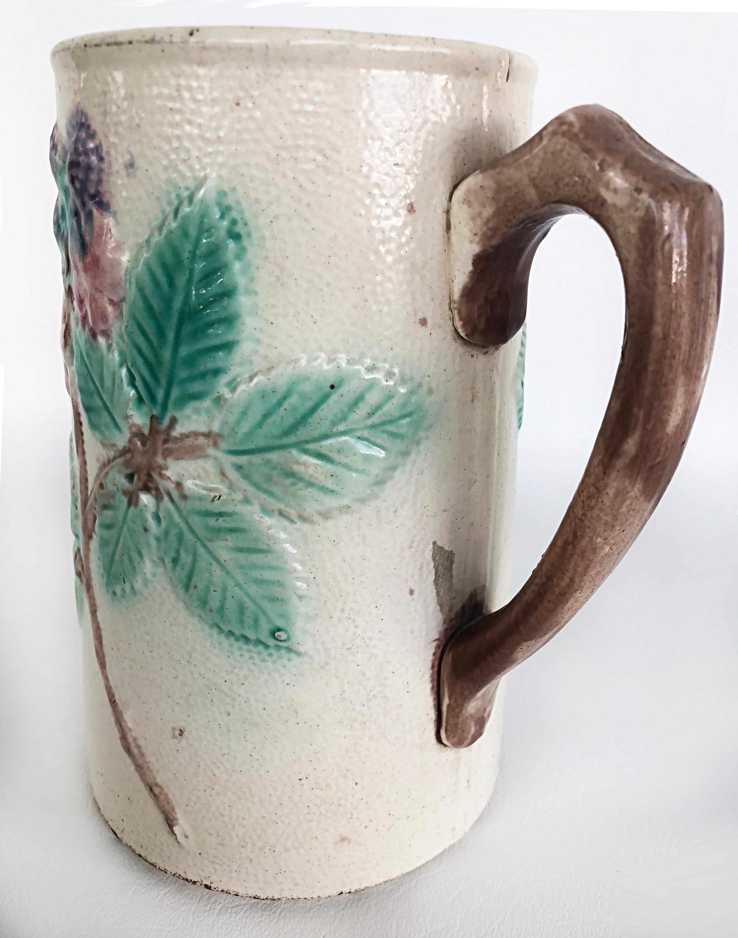 Vintage 20th Century Majolica Pitcher with Floral Leaf Designs and Berries For Sale 1