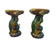 Vintage 20th Century Majolica Style Monkey With Woven Basket Pedestal Bowls