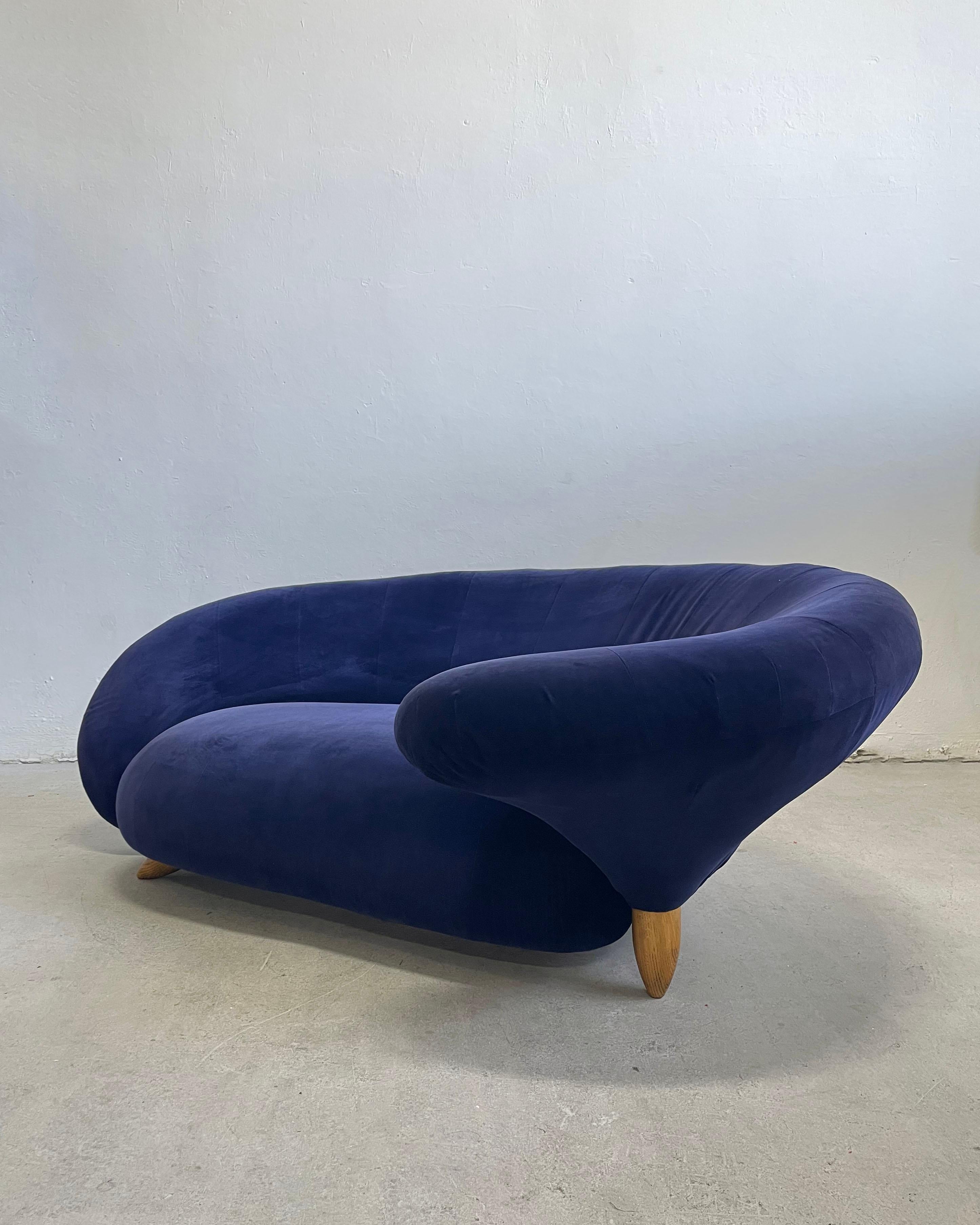 Mid-Century Modern Vintage 20th Century Modern Serpentine Curved Velvet Sofa in Navy Blue Color For Sale