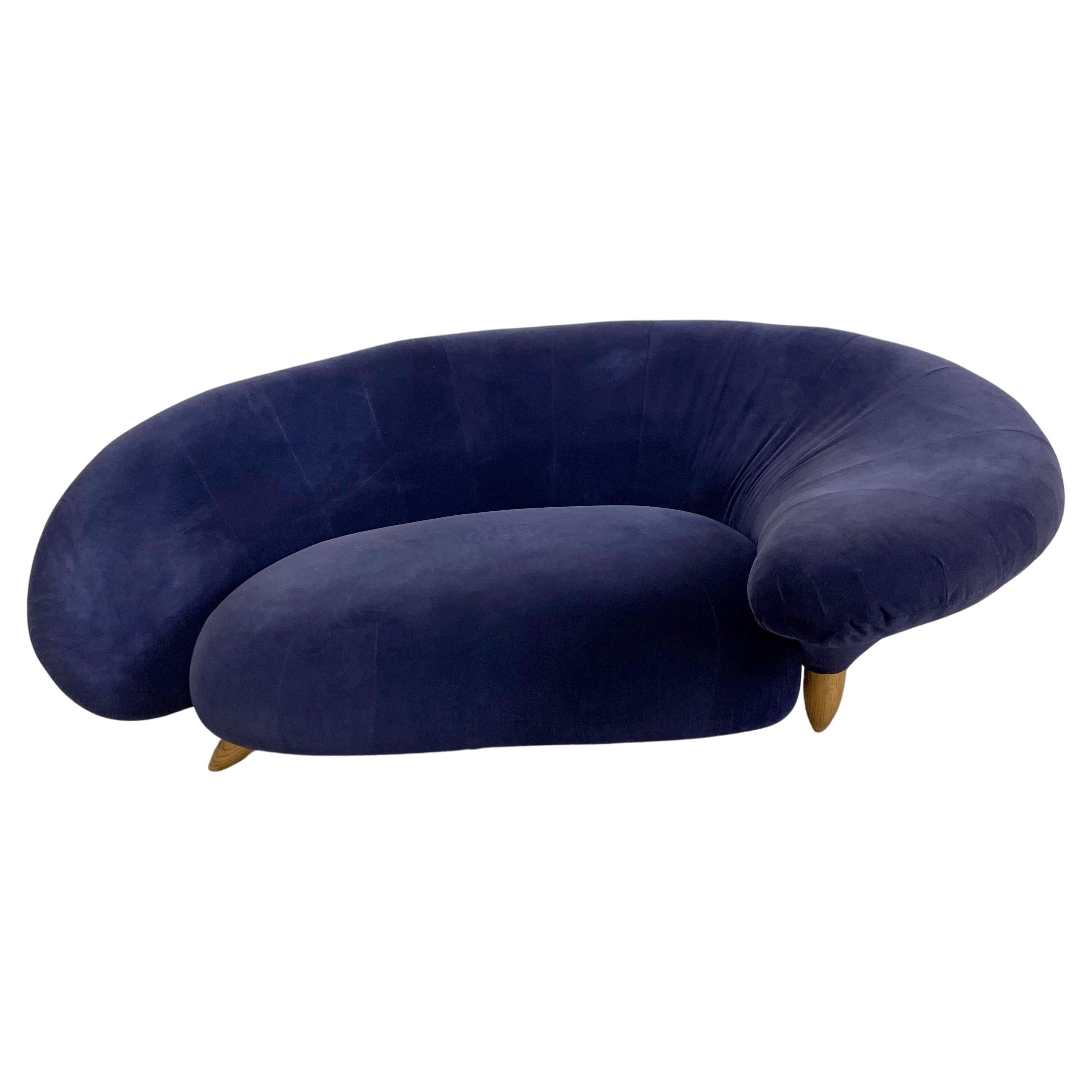 Vintage 20th Century Modern Serpentine Curved Velvet Sofa in Navy Blue Color For Sale