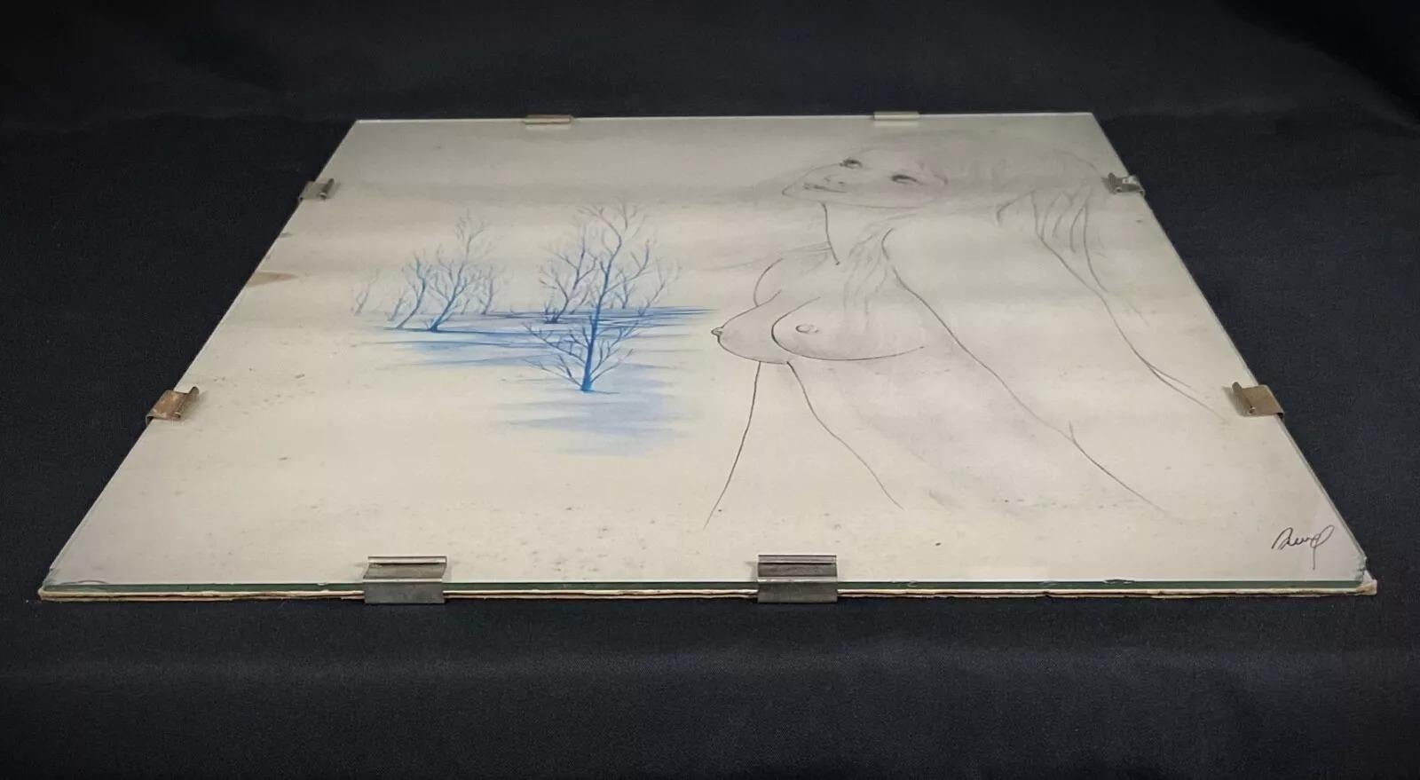 Vintage 20th-Century Nude Woman Drawing – Signed 
