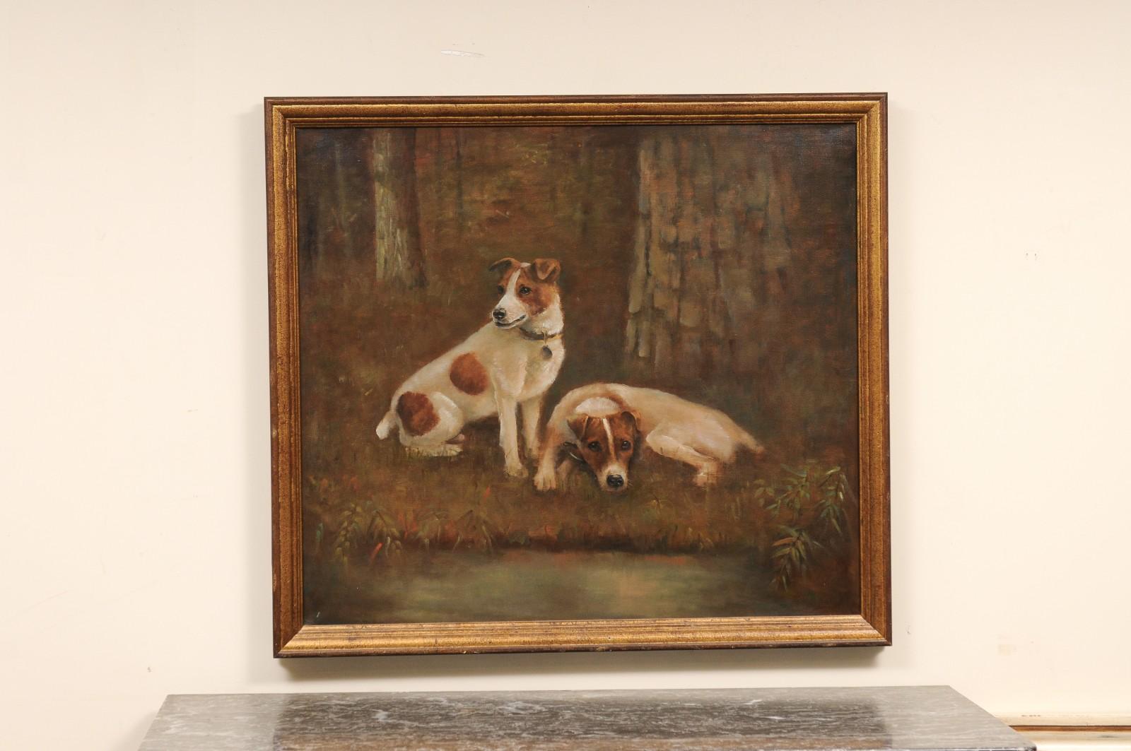 Dipinto a olio del XX secolo che raffigura due Jack Russell Terrier in un paesaggio. Uno seduto e vigile, l'altro sdraiato. 

