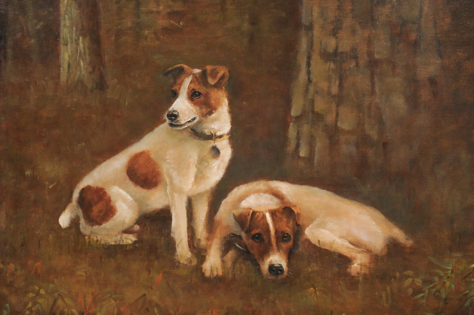 Georgiano Pittura a olio d'epoca del XX secolo di due Jack Russell Terrier Ritratto di cane in vendita