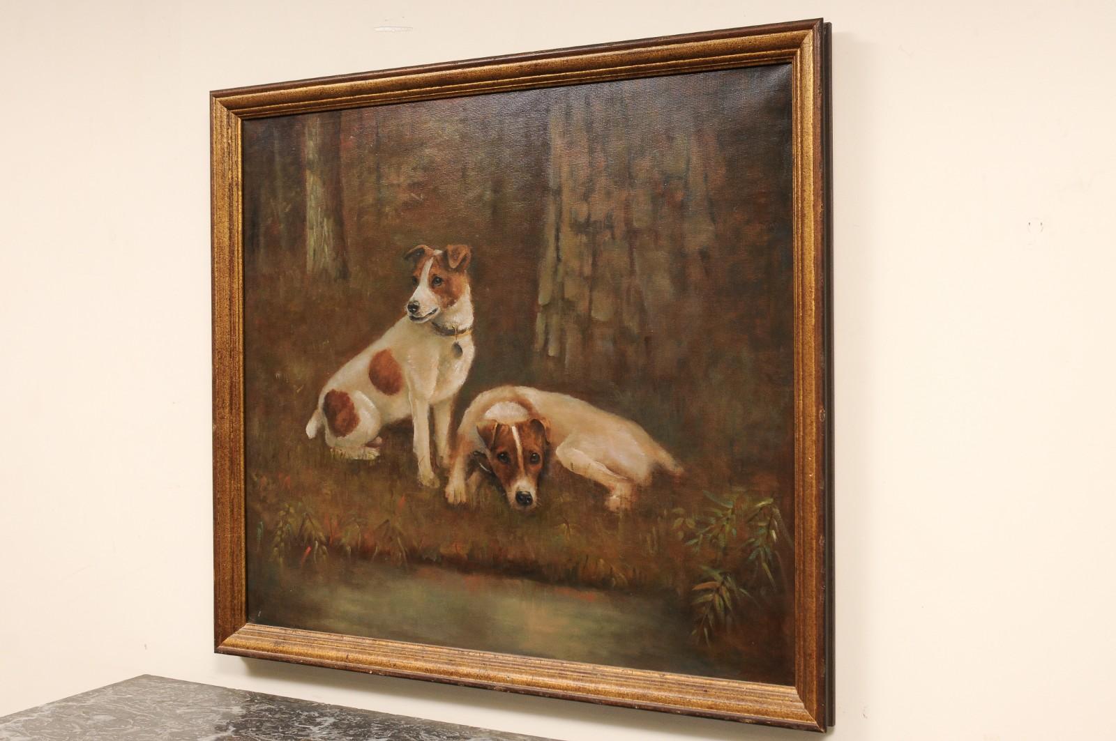 Canna Pittura a olio d'epoca del XX secolo di due Jack Russell Terrier Ritratto di cane in vendita