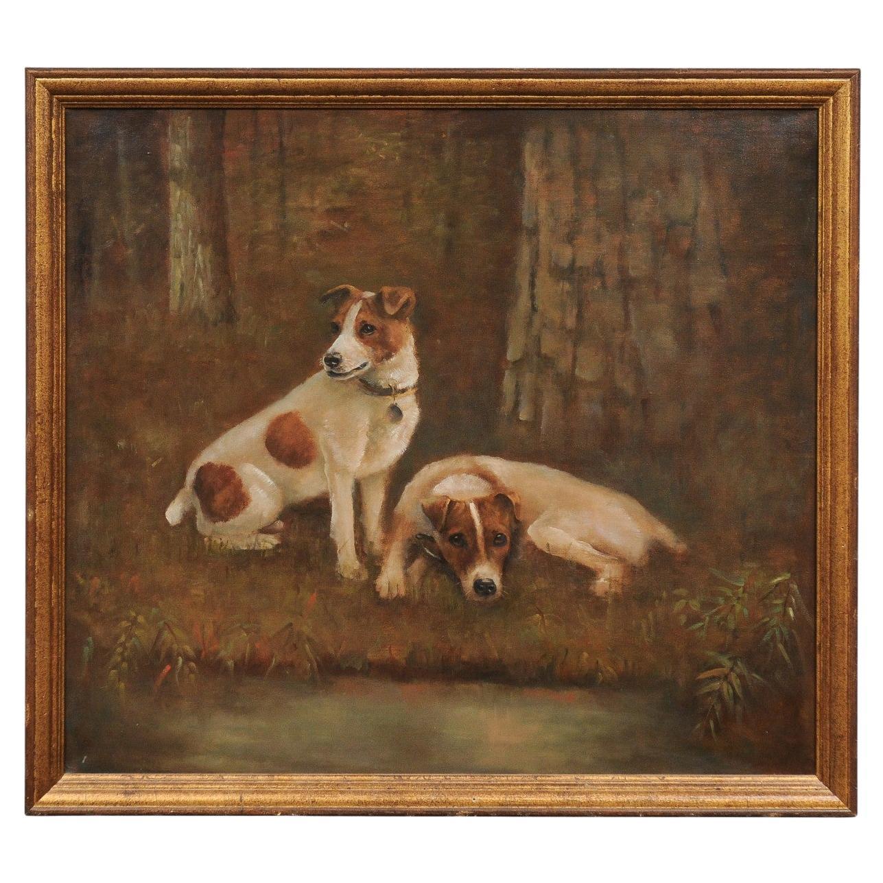 Pittura a olio d'epoca del XX secolo di due Jack Russell Terrier Ritratto di cane
