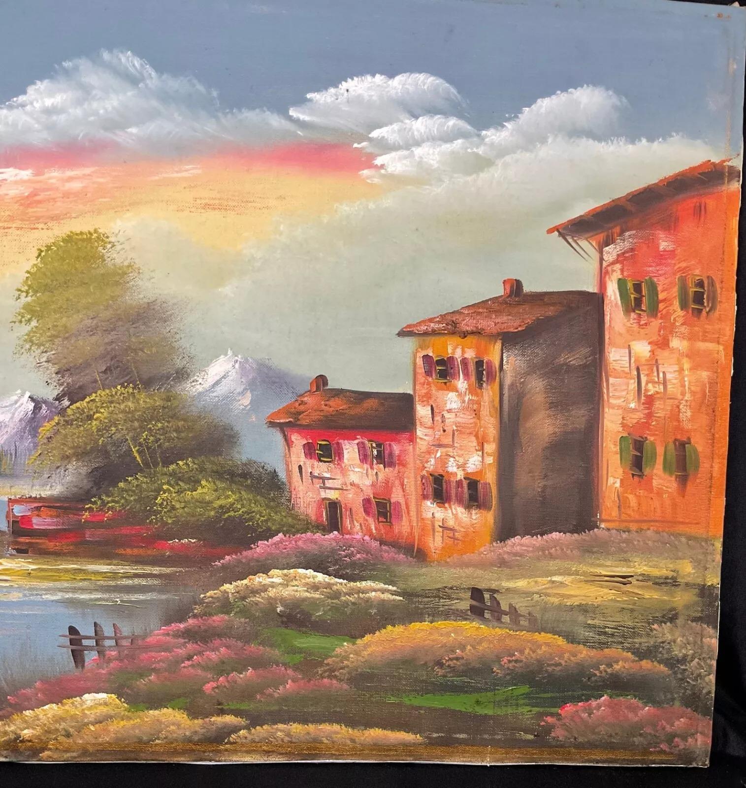 This vintage 20th-century oil painting on canvas, signed by the artist Lucas, depicts a serene and captivating landscape scene. Measuring 19.7 inches (50 cm) in height and 39.4 inches (100 cm) in length, this artwork weighs approximately 1.1 lbs