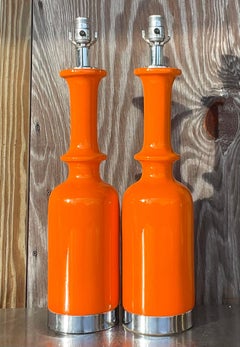 Vintage 20th Century Orange Glazed Ceramic Table Lamps - a Pair