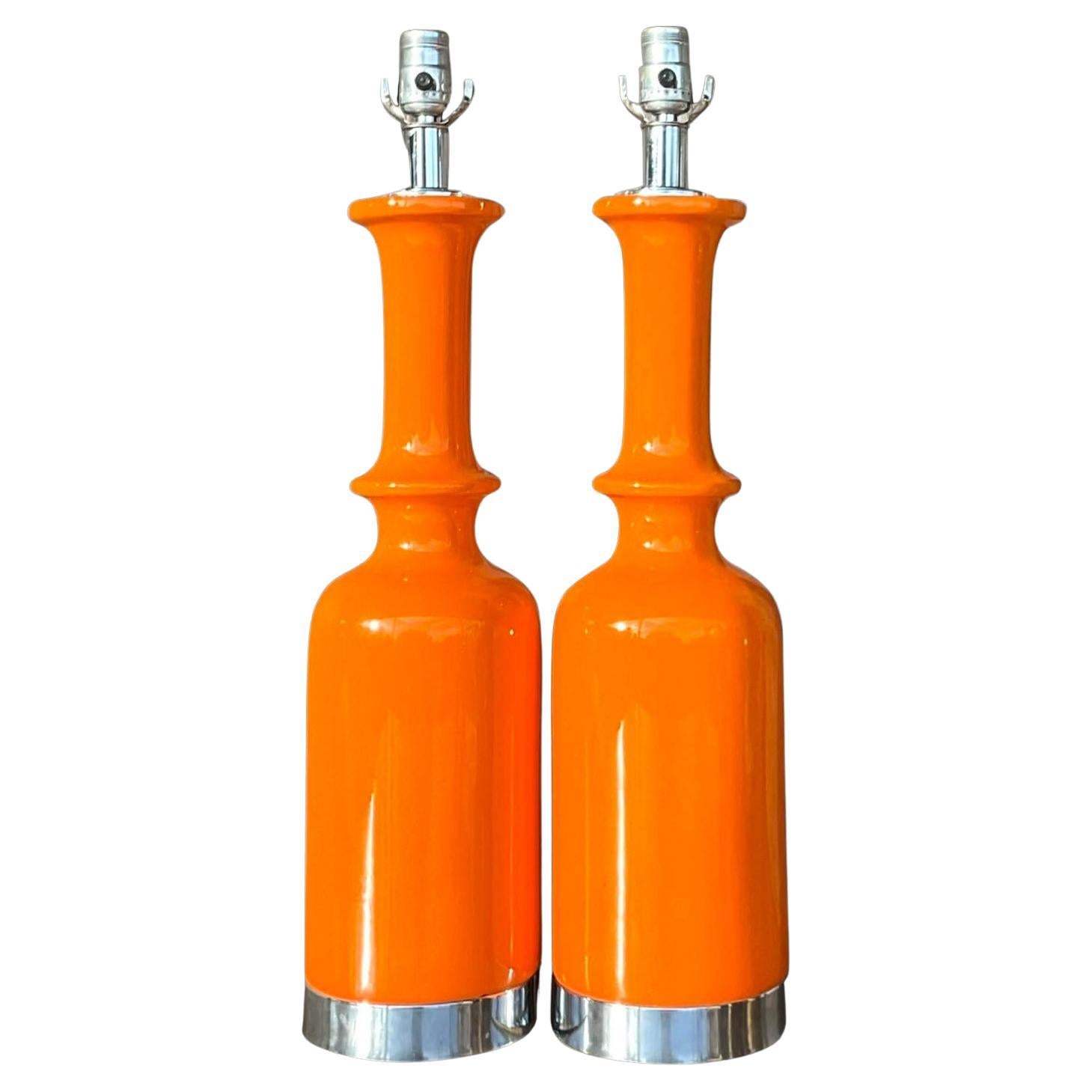 Vintage 20th Century Orange Glazed Ceramic Table Lamps - a Pair