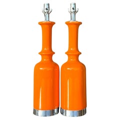 Vintage 20th Century Orange Glazed Ceramic Table Lamps - a Pair