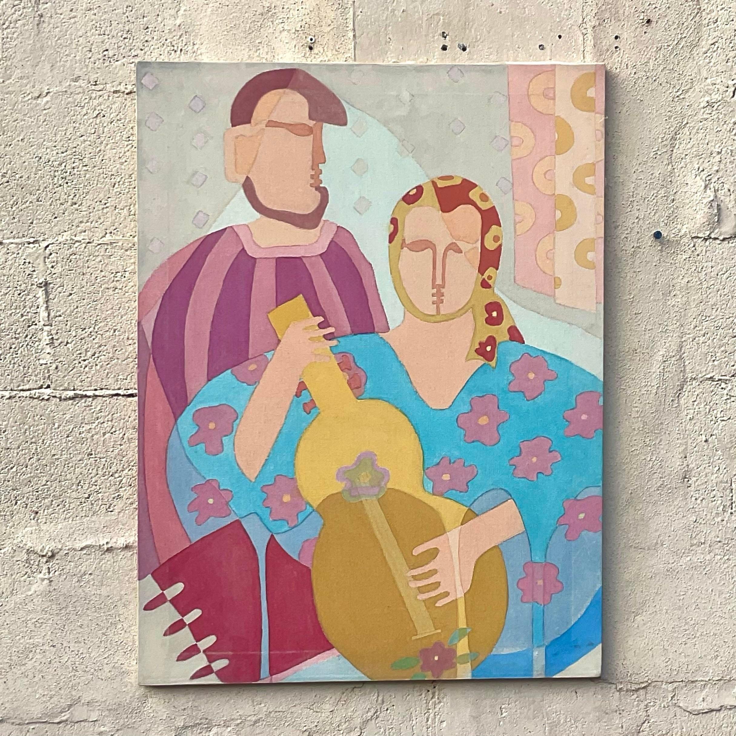 Vintage oil a canvas depicting a man and a women playing a stringed instrument. Painting uses abstract shapes to form a voice human figures with subtle pinks and light blues. Acquired from a Palm Beach Estate. 
