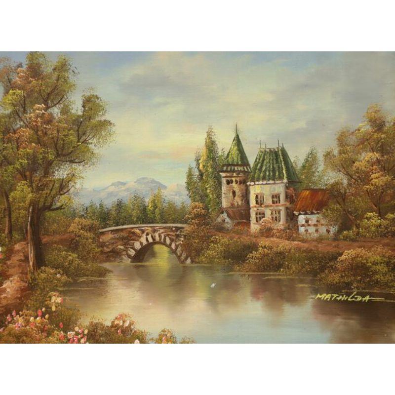 An original oil painting on board, from the 20th Century. Untitled, (German River Scene). Signed 