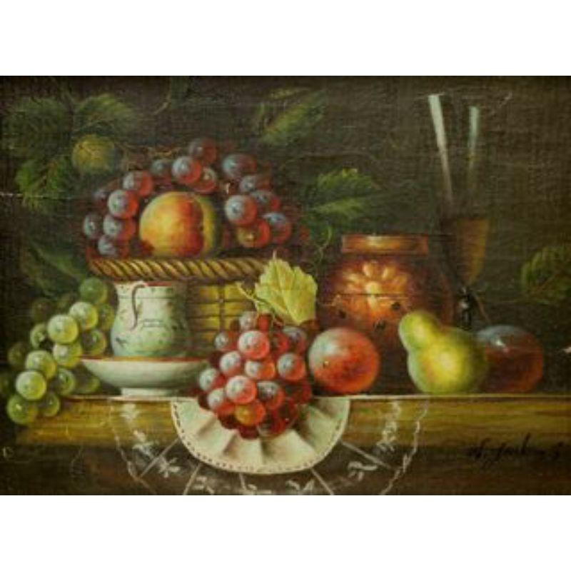 An original oil painting on canvas, from the 20th century. Untitled, (Fruit Basket). Signed 