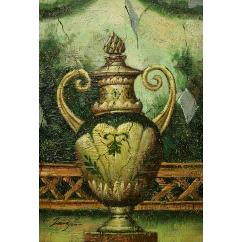 An original oil painting on canvas, from the 20th Century. Untitled, (Grecian Urn). Signed, illegible signature, to lower left. Presented in a gold painted frame with wire hanger.

Measures: 16.5 W 2.5 D 18.5 H, Weighs Approximately: 7 lbs

Very