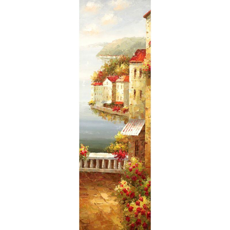 An original oil painting on canvas, from the 20th Century. Untitled, (Mediterranean Coast). Unsigned, artist unknown. Presented in a black metal frame with grape leaf motif and dual side metal hanging brackets.

Measures: 21.5 W 1 D 45.5 H - Weighs