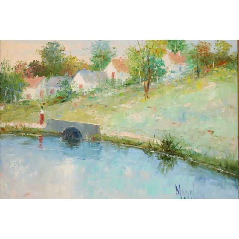 Autre Peinture à l'huile originale du XXe siècle - Lac et paysage - Manol signé