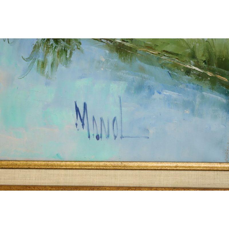 Peinture à l'huile originale du XXe siècle - Lac et paysage - Manol signé Bon état à Charlotte, NC