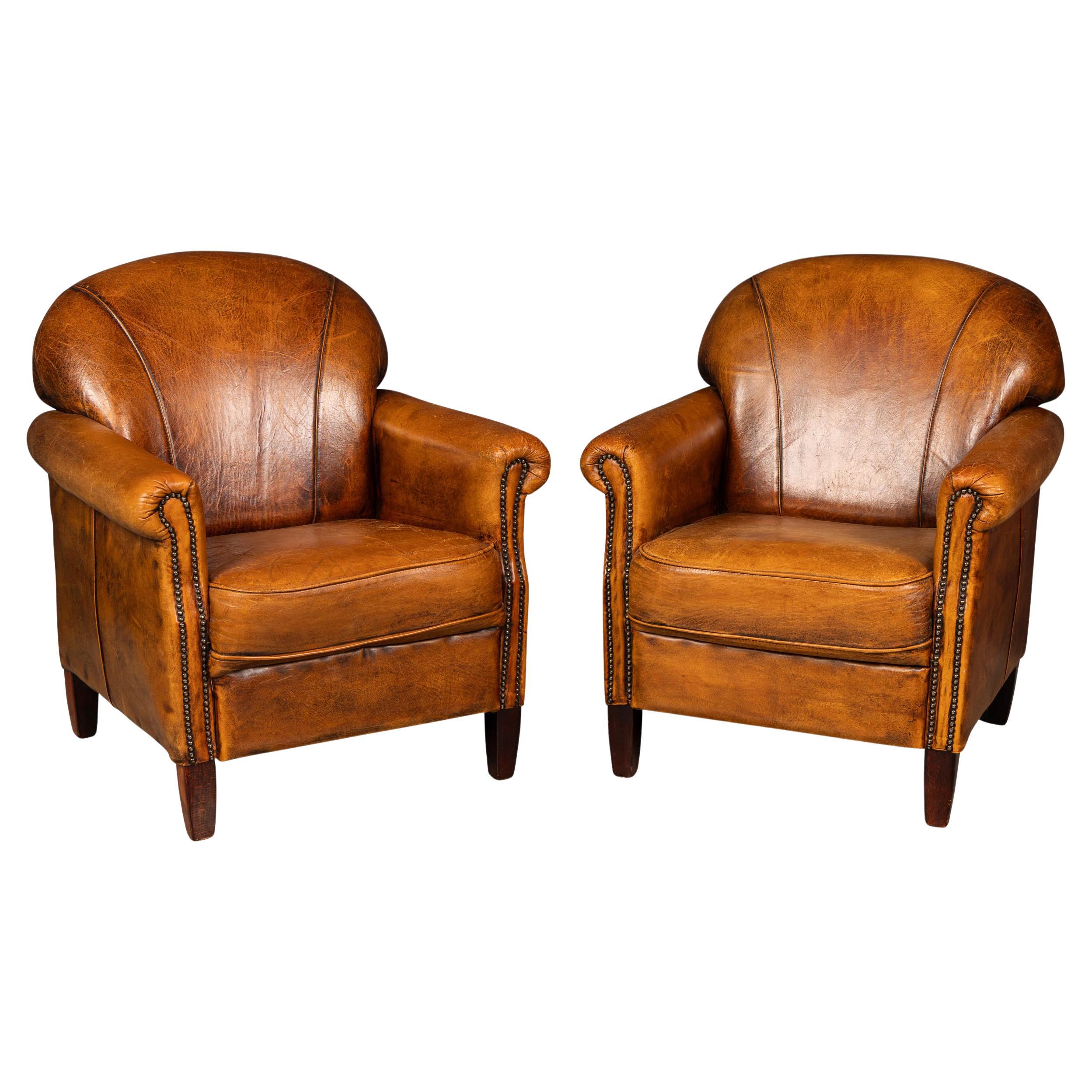 Vintage 20th Century Pair Of Dutch Leather Club Chairs c.1980