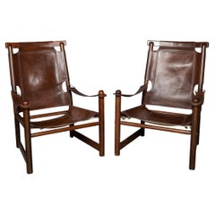 Vintage 20th Century Pair of Scandinavian Brown Leather Sling Chairs c.1970