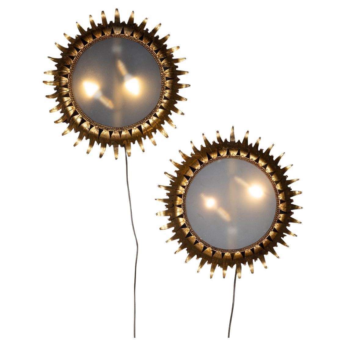 Vintage 20th Century Pair of Smoked Glass & Brass Sun Wall Lights c.1950