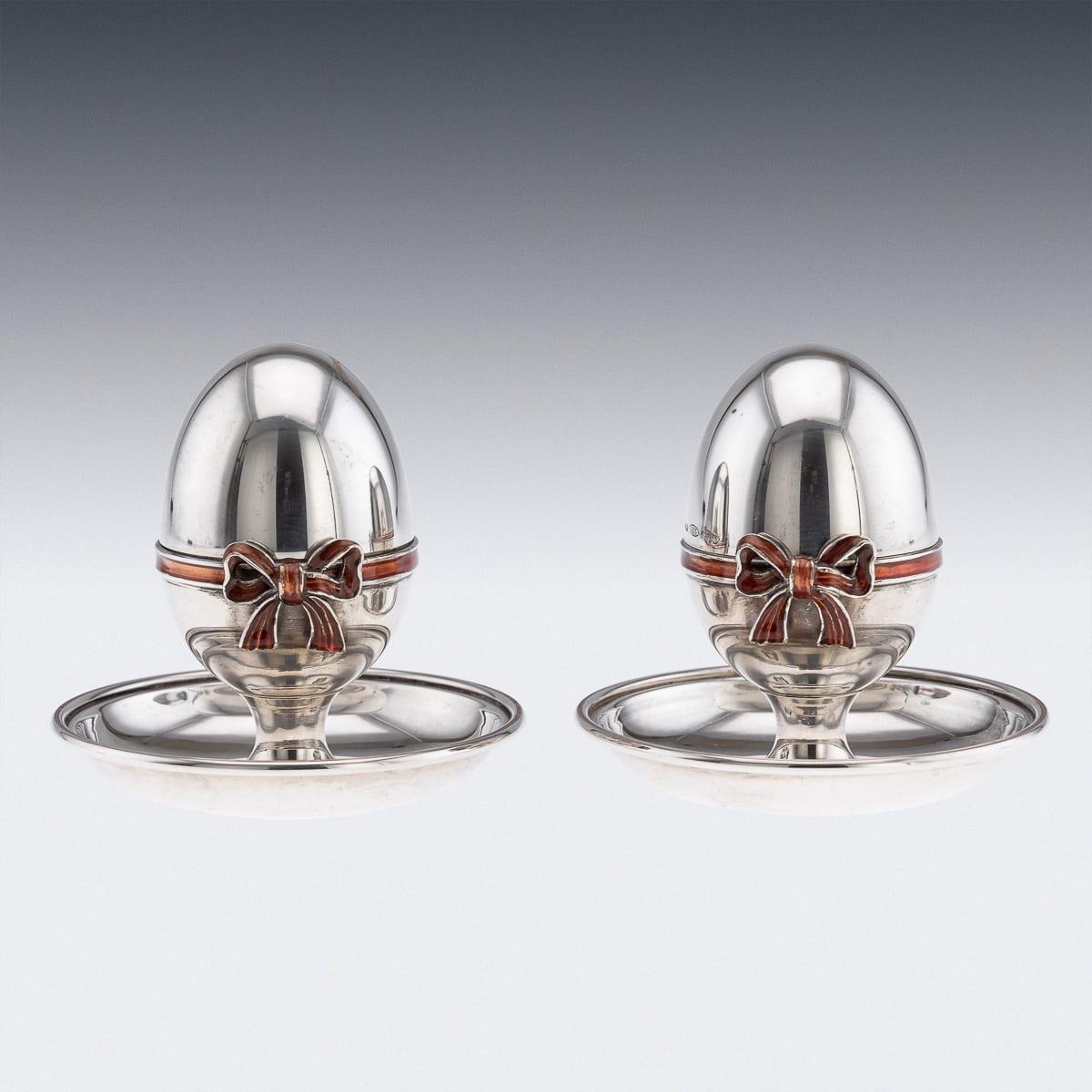 Other Vintage 20th Century Pair Of Solid Silver & Enamel Egg Cups, Retailed By Asprey For Sale