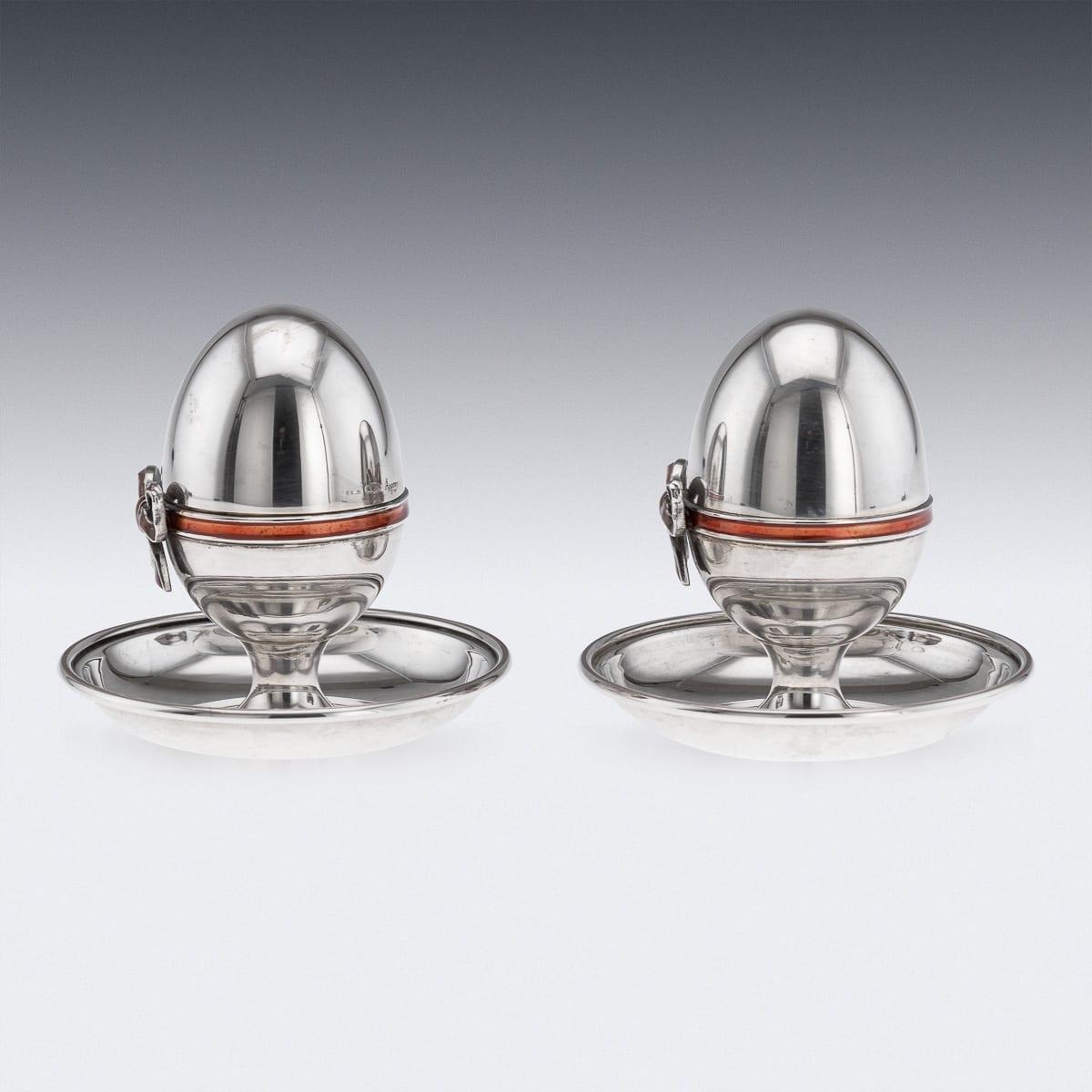 Italian Vintage 20th Century Pair Of Solid Silver & Enamel Egg Cups, Retailed By Asprey For Sale
