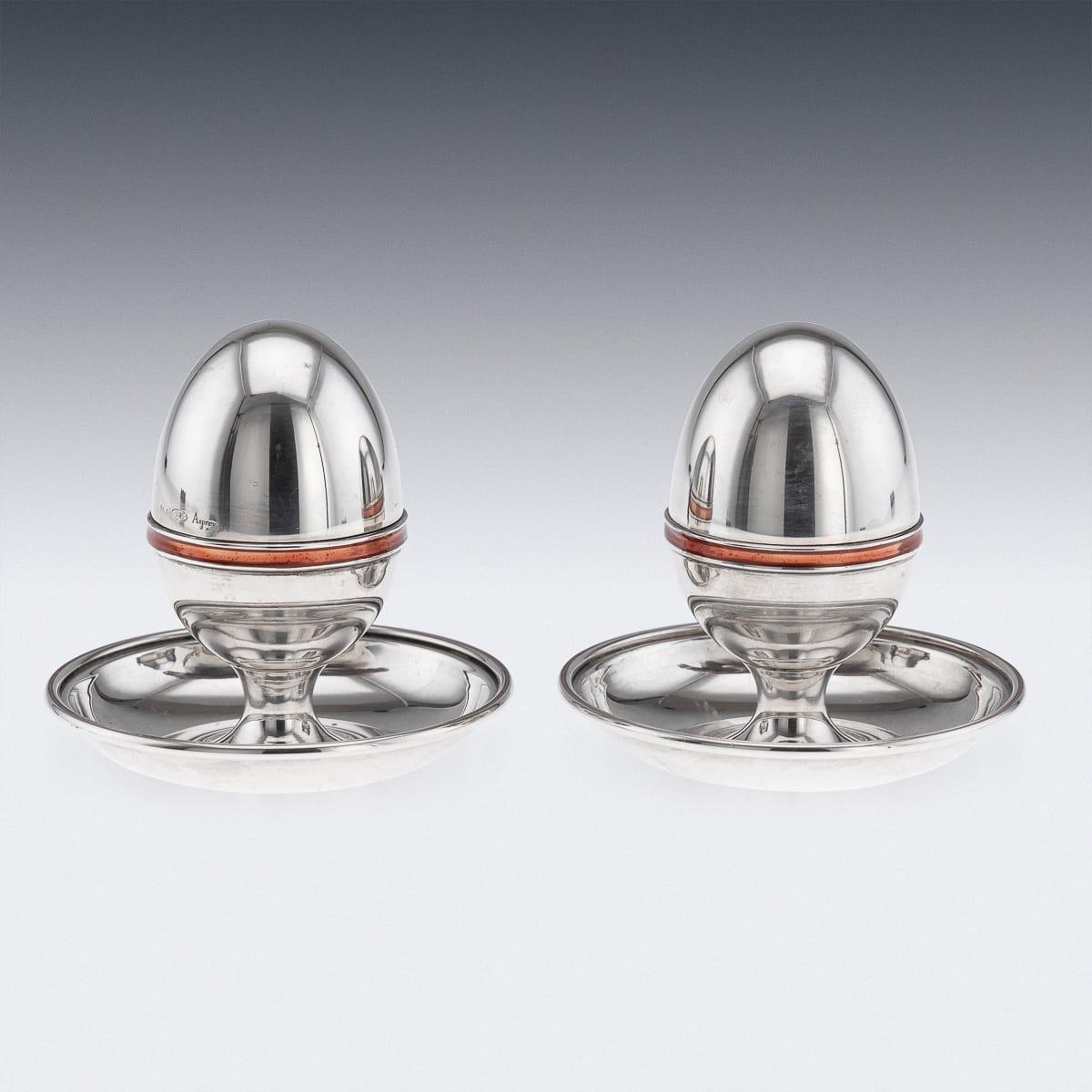 Vintage 20th Century Pair Of Solid Silver & Enamel Egg Cups, Retailed By Asprey In Good Condition For Sale In Royal Tunbridge Wells, Kent