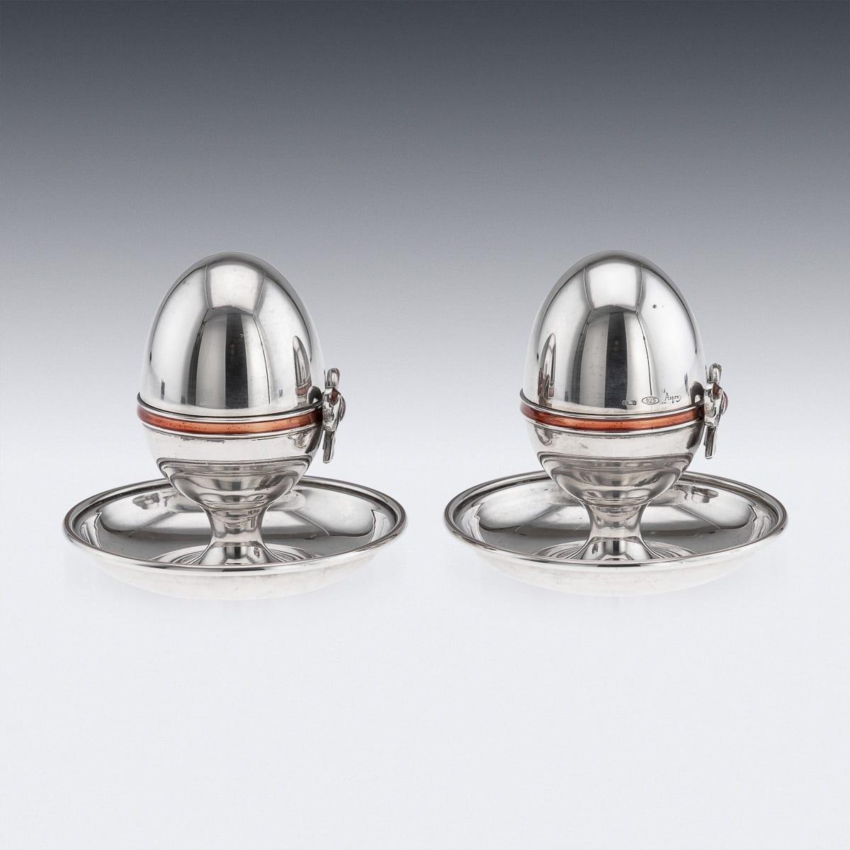 Vintage 20th Century Pair Of Solid Silver & Enamel Egg Cups, Retailed By Asprey For Sale 1