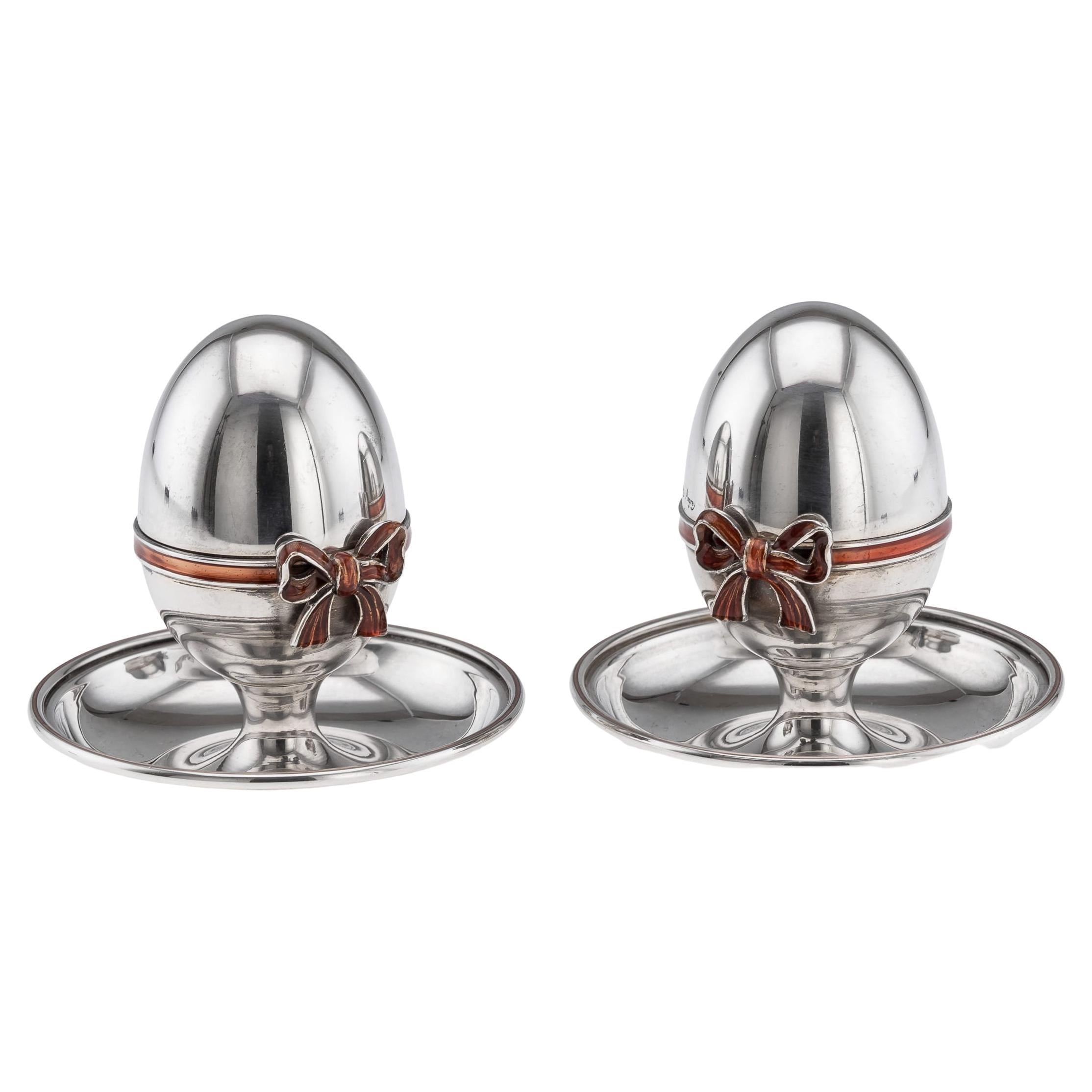Vintage 20th Century Pair Of Solid Silver & Enamel Egg Cups, Retailed By Asprey For Sale