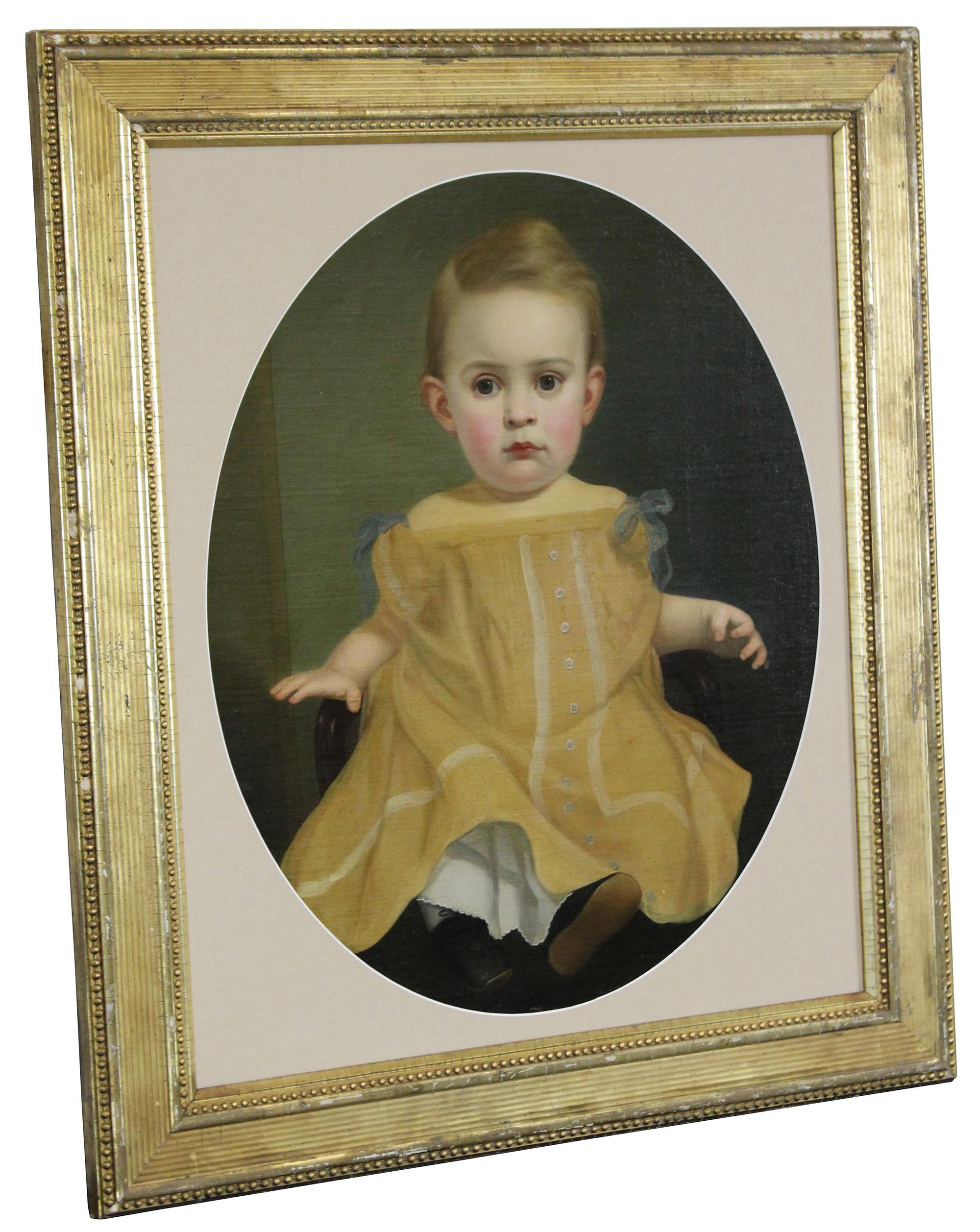 Vintage oil painting featuring a young child / girl / baby in a formal yellow dress. Framed with oval mat in gold beaded frame.

Measures: Sans frame 21