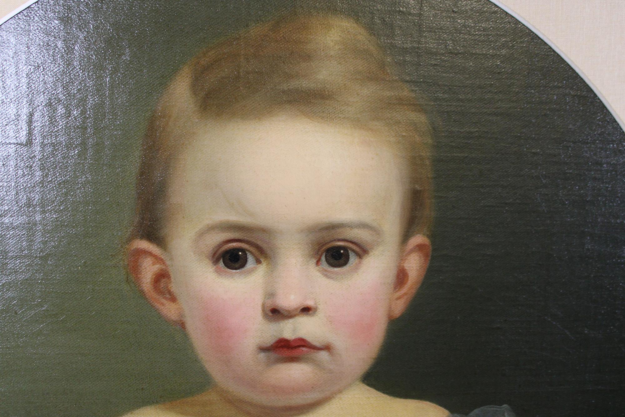 Canvas Vintage 20th Century Portrait of a Child Oil Painting Formal Baby Girl Oval