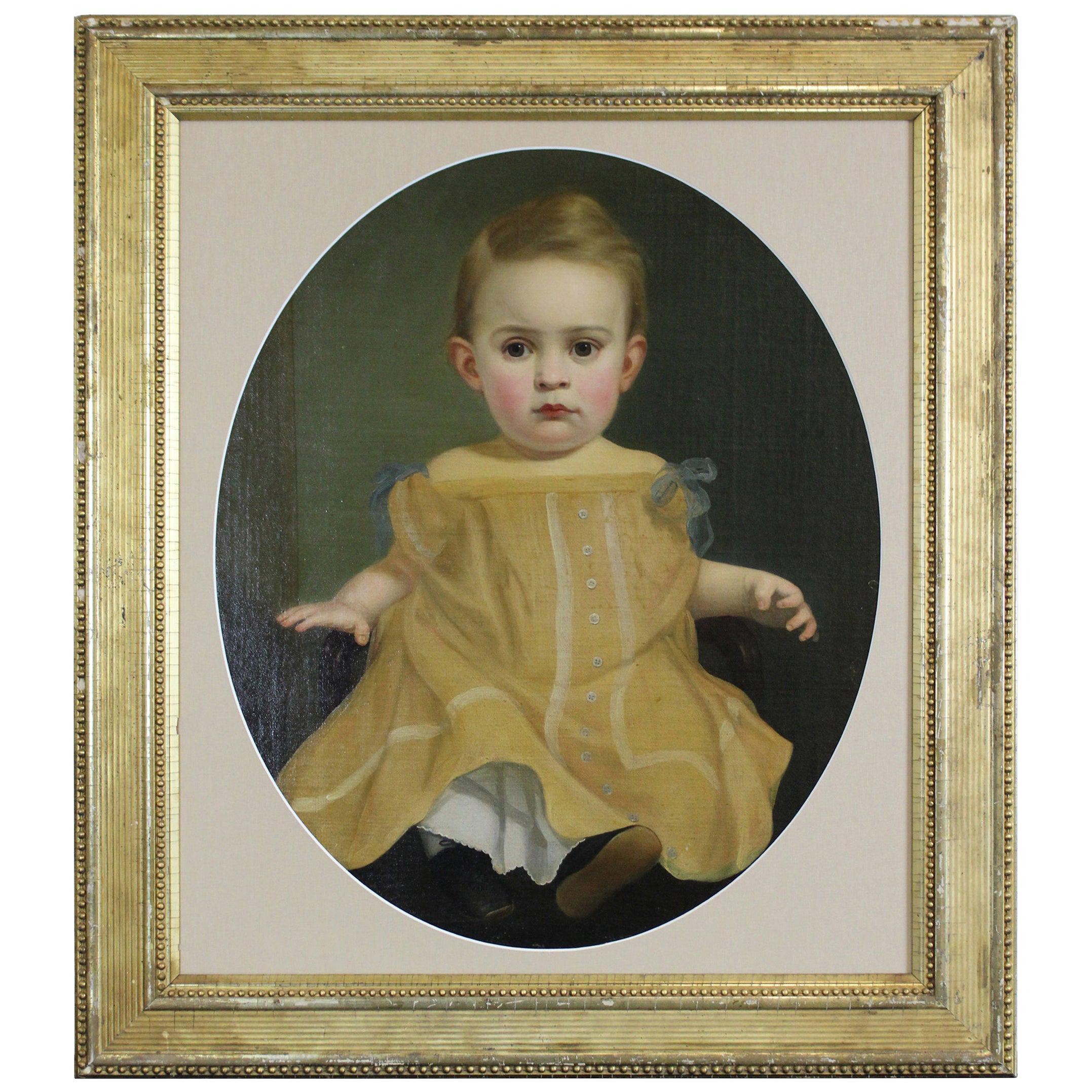 Vintage 20th Century Portrait of a Child Oil Painting Formal Baby Girl Oval