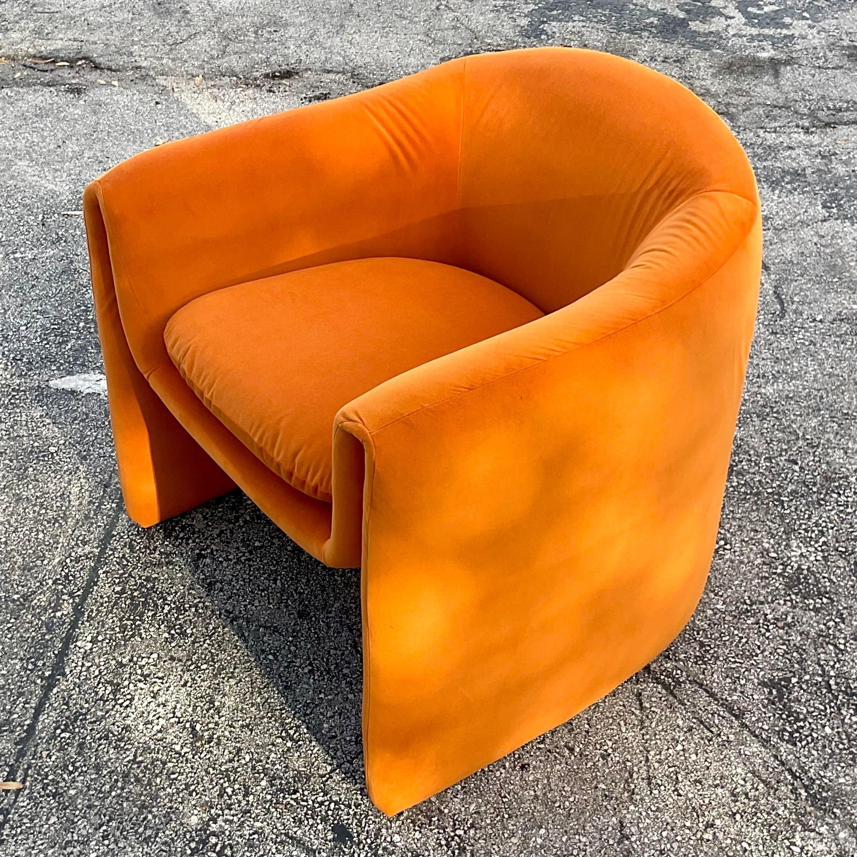 A sensational vintage Boho lounge chair. Made by the iconic Preview group and tagged on the bottom. Fully restored in a chic Orange velvet. Acquired from a Palm Beach estate. 