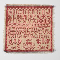Vintage 20th Century Red and White Cross-Stitch Sampler with Alphabet & Numbers