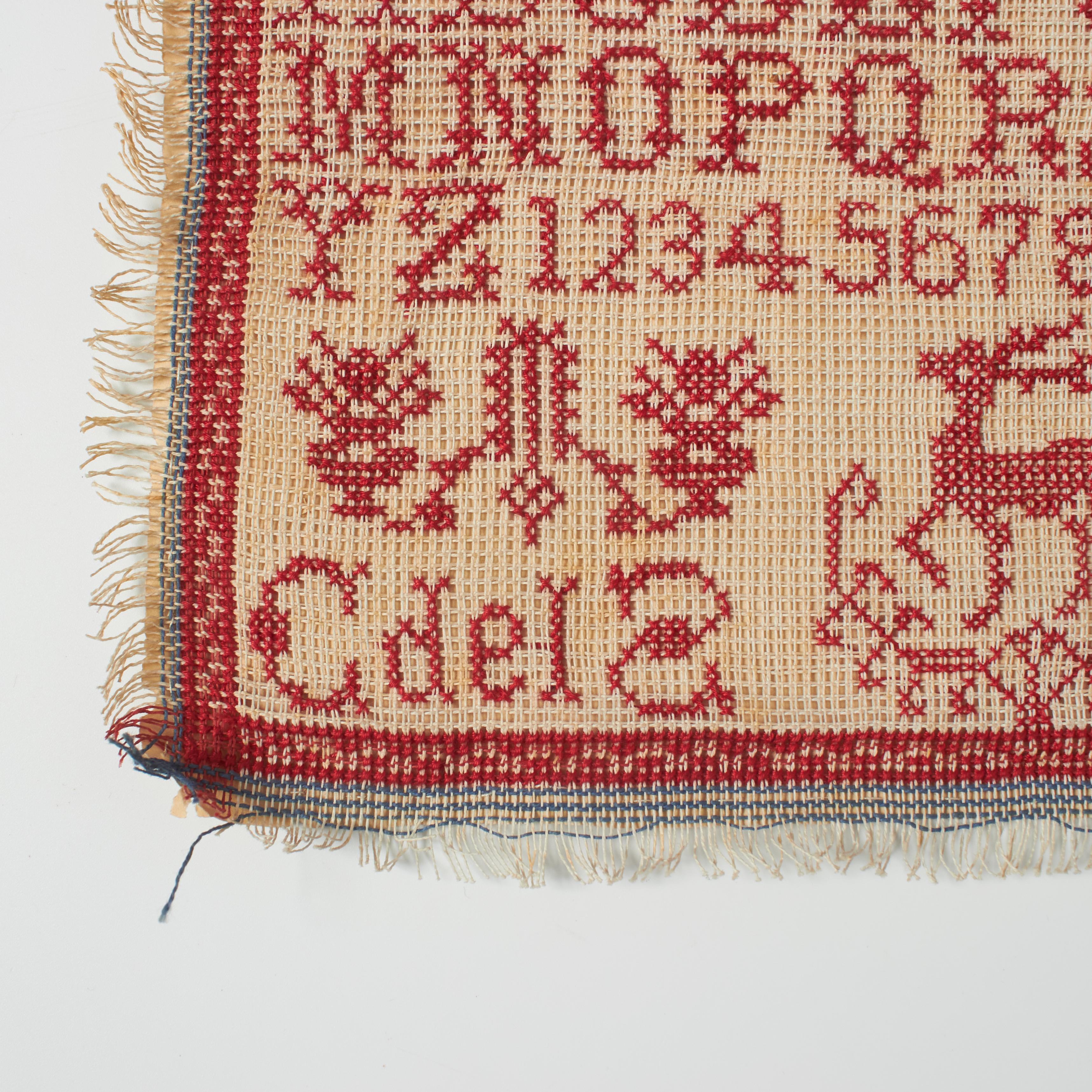 Mid-Century Modern Vintage 20th Century Red and White Cross-Stitch Sampler with Alphabet & Numbers For Sale