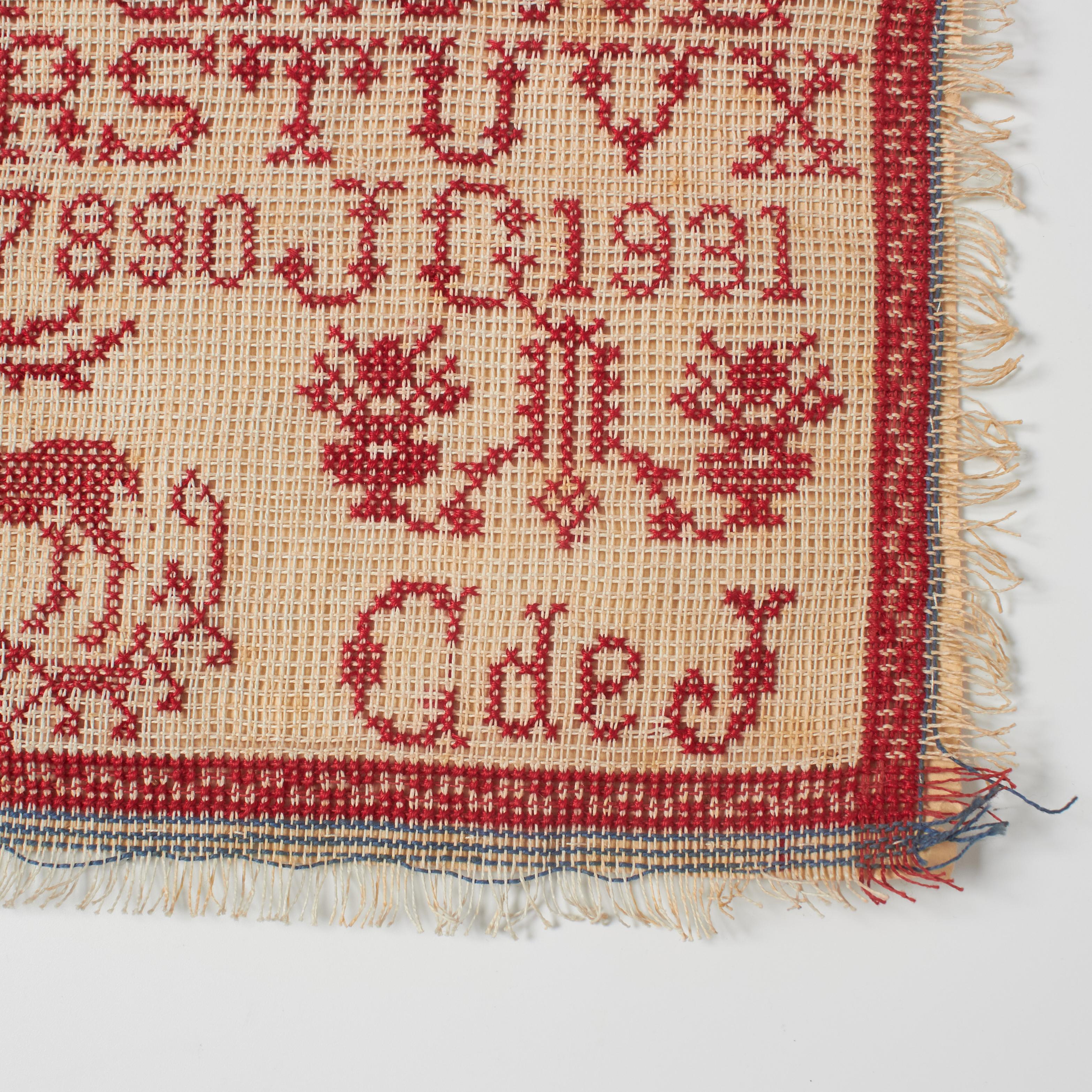French Vintage 20th Century Red and White Cross-Stitch Sampler with Alphabet & Numbers For Sale