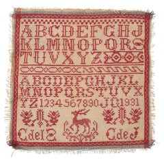Vintage 20th Century Red and White Cross-Stitch Sampler with Alphabet & Numbers