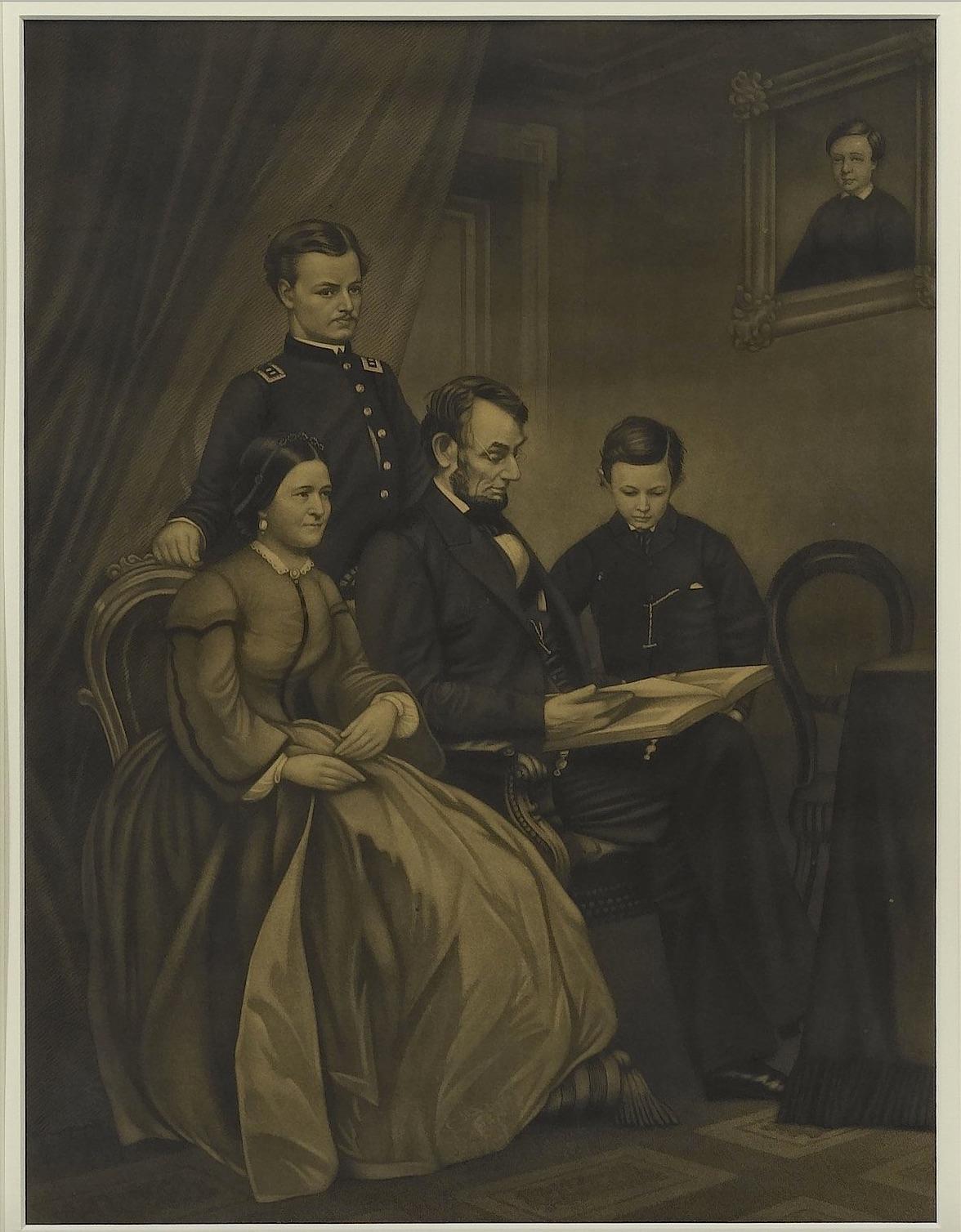 This 20th century reprint of the 1865 engraving Lincoln Family depicts President Lincoln and his family in April of 1865. The artist F. Schell painted the original work and John Dainty engraved it in the late 1865.

In the engraving, Abraham