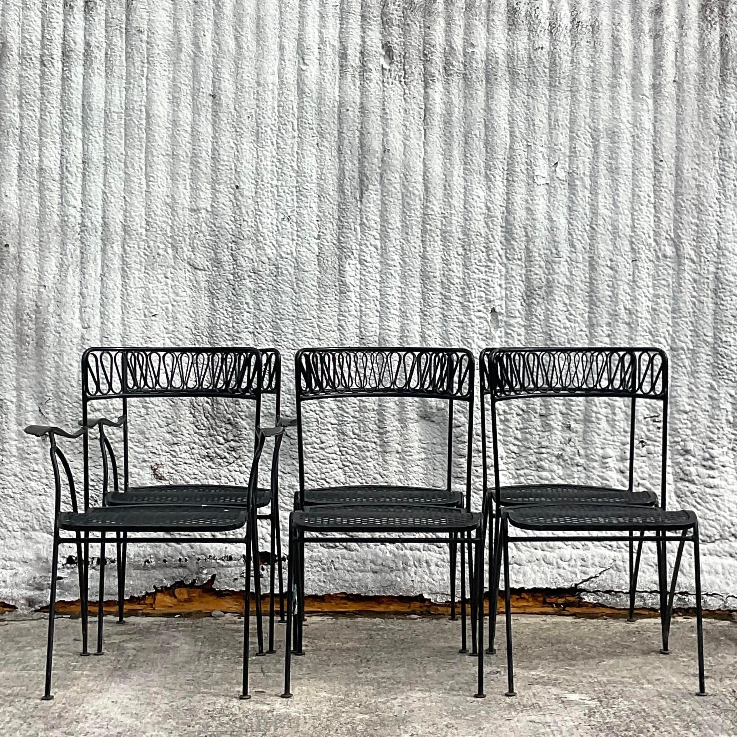 Mid-Century Modern Vintage 20th Century Salterini Wrought Iron Ribbon Dining Chairs - Set of 6