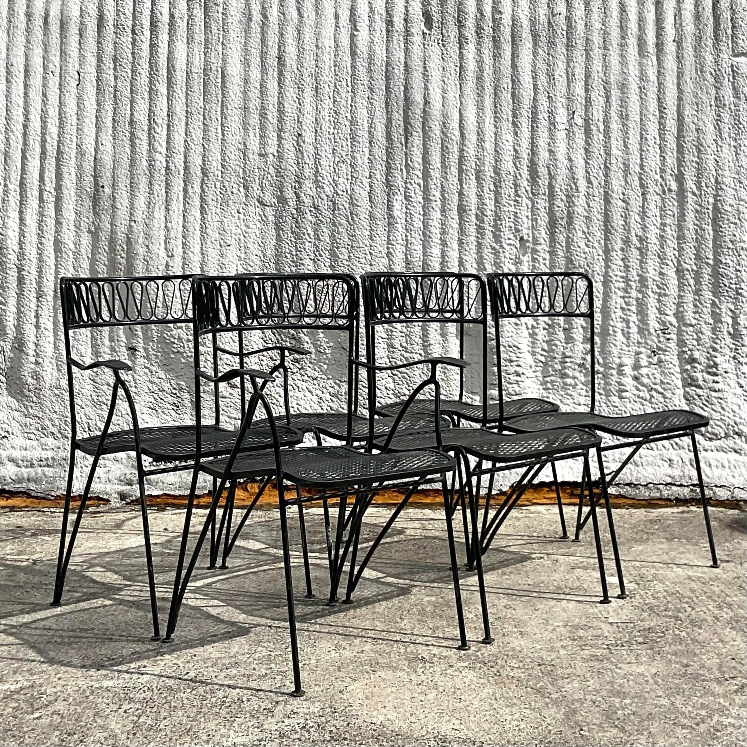 Vintage 20th Century Salterini Wrought Iron Ribbon Dining Chairs - Set of 6 In Good Condition In west palm beach, FL
